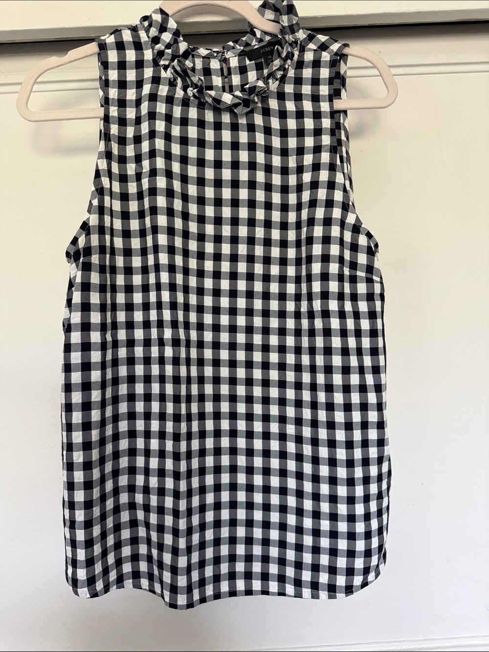 J. Crew Black and White Gingham Ruffle-Neck Sleeveless Top